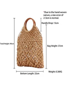 Sac fourre-tout tissé à la main couleur abricot avec anses rondes en bois et maille