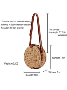 Round straw woven crossbody bag with brown leather strap and size dimensions shown