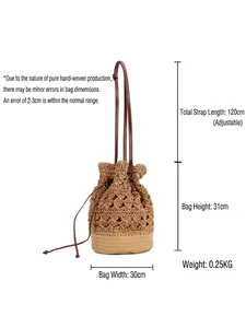 Hollow straw bucket bag with adjustable leather strap and dimensions for beach vacation