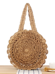 Round Paper Rope Woven Shoulder Bag Handmade Crochet Hollow Out Bohemian Summer Beach Tote Vacation Vintage Style Women