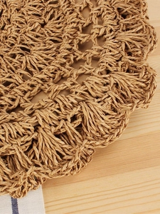 Minimalist round hollow paper rope woven beach bag with handmade crochet lace details