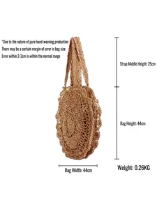 Handmade hollow round paper rope woven shoulder bag with size 44x44cm and weight 0.26kg