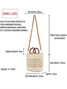 Handwoven straw tote bag with brown handles and adjustable strap in cream white finish
