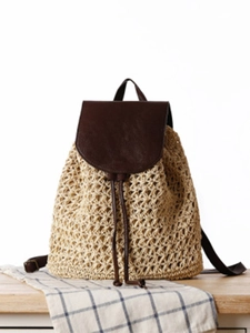 Woven Paper Rope Backpack Summer Beach Straw Bag With PU Leather Flap Drawstring Casual Vacation For Women