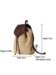 Handmade straw backpack for women summer beach travel with dimensions 34x31x11cm