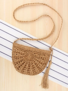 Handmade Woven Paper Straw Crossbody Bag Semi Circle Tassel Shoulder Bag For Summer Beach Vacation Bohemian Style Women