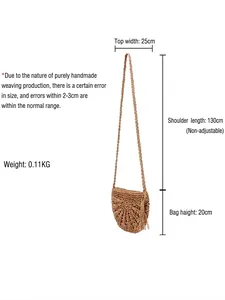 Handmade woven straw crossbody bag with tassels and size specs: 25x20cm with 130cm strap