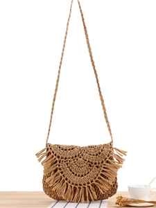 Handmade Woven Paper Rope Shoulder Bag Tassel Fringe Bohemian Summer Beach Vacation Crossbody For Women