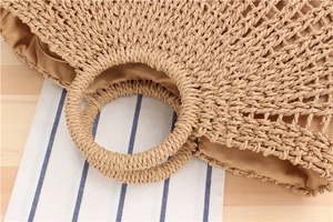 Detail of hollow-out weave paper rope bag with round handle and fabric lining
