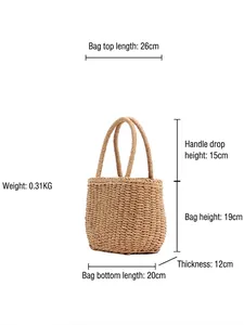 Handwoven straw tote bag for beach vacations with detailed size chart specifications
