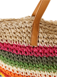 Sac bandoulière en paille tressée à rayures multicolores avec poignées en cuir brun