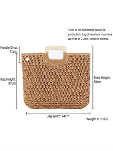 Sac fourre-tout tissé à la main en kaki avec anses en bois et dimensions détaillées