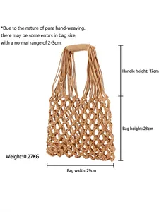Handmade hollow woven cotton rope beach bag with dimensions and product specifications