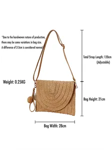 Sac bandoulière de plage en paille tressée avec sangle ajustable et pompon décoratif