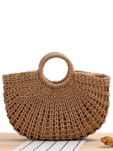 Minimalist straw woven handbag with hollow mesh design and inner lining for summer beach