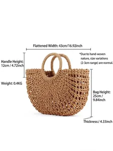 Handmade forest style hollow woven paper rope beach bag with dimensions and weight info