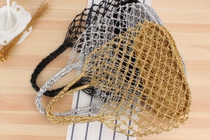 Detailed close-up of handmade woven mesh bags in black, silver and gold metallic thread