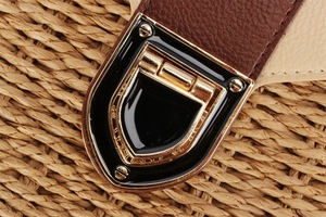 Detailed macro of shield-shaped golden metal clasp with black enamel on woven bag