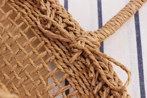 Detail of hand-woven straw tote bag with reinforced handle and natural rustic texture