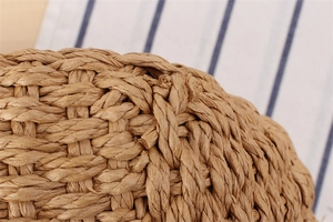 Close-up of the intricate paper rope weaving texture on the minimalist straw shoulder bag
