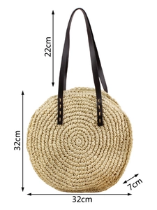 Sac bandoulière rond minimaliste en corde de papier avec lanière en cuir et dimensions