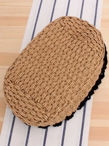 Handmade hollow woven straw shoulder bag with black scalloped edge for summer beach outings