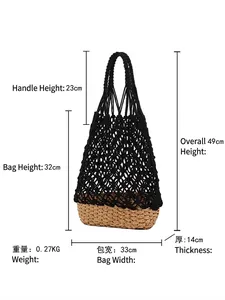 Size guide for a hollow woven tote bag with dimensions for strap drop, height and width