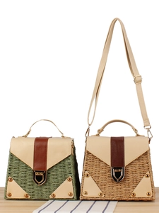 Women Casual Paper Rope Woven Crossbody Bag With Synthetic Leather Splicing Handbag Vintage Vacation Straw Messenger Bag