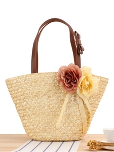 Handmade Straw Woven Shoulder Bag With Fabric Flowers Faux Artificial Pearl Ribbon Decor Summer Beach Tote For Women