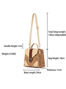 Handmade woven paper rope handbag with brown straps and metal buckle dimensions
