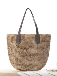 Sac de plage tissé en corde de papier naturelle avec anses en cuir marron pour l'été