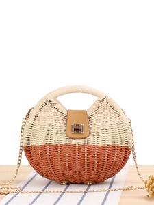 Borsa A Tracolla Rotonda In Paglia Intrecciata Per Donna In Carta E Rattan Con Patta In Pelle PU E Catena In Metallo Per Vacanze Al Mare