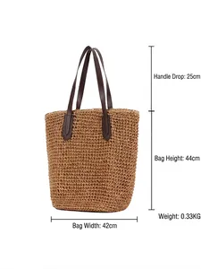 Sac fourre-tout en paille tissé pour la plage avec dimensions et poignées en cuir marron