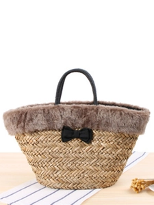 Straw Handbag With Faux Fur Trim And Bow Decor Holiday Beach Woven Tote Bag With Rope Handles Casual Forest Style