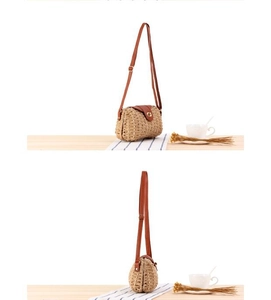 Détail du sac bandoulière tissé main avec rabat en cuir marron et fermoir tournant doré