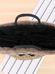 Faux fur trimmed straw beach tote bag with black woven rope handles and fabric lining