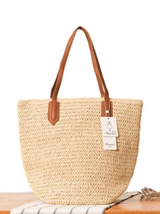 Sac fourre-tout tissé en paille de papier beige avec anses en cuir pour la plage