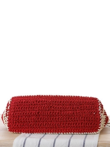Bottom view of red and beige striped crochet shoulder bag with detailed woven texture