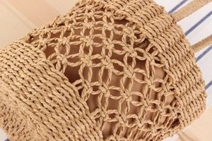 Detail shot of the intricate hollow weave texture on this straw beach tote bag