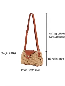 Sac bandoulière en paille avec rabat en cuir marron et sangle réglable dimensions