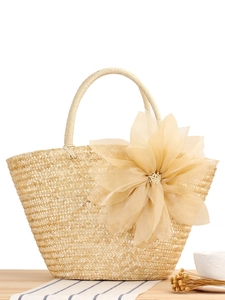 Straw Woven Tote Handbag Large Organza Flower Decor Summer Beach Vacation Travel Fashion Casual For Women