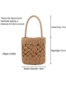 Handmade woven bucket bag in khaki with hollow net design and dimensions 21x18cm
