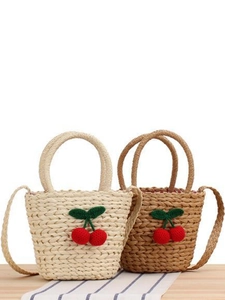 Cherry Decor Handmade Woven Paper Rope Small Handbag For Women Beach Vacation Casual Style Crossbody Tote