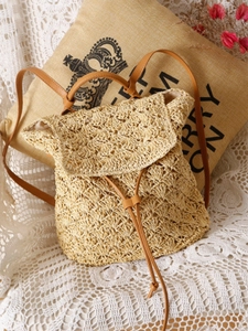 Women Woven Paper Rope Backpack Casual Bohemian Crochet Beach Bag With PU Leather Straps Straw Travel Bag