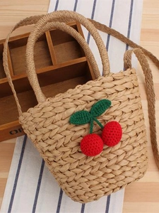 Cute woven straw beach bag with crochet cherry patterns and versatile dual shoulder straps