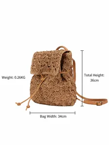 Brown hand-woven straw backpack for women with drawstring closure and hollow knit pattern
