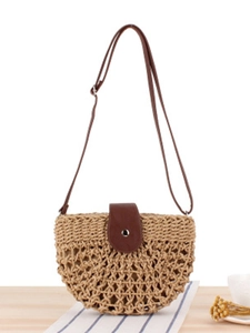 Women Handwoven Paper Rope Crossbody Bag Semi-Circle Hollow Out PU Leather Strap Beach Vacation Casual Shoulder Bag