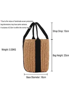 Borsa a secchiello in paglia con nastri neri e dimensioni del prodotto visualizzate