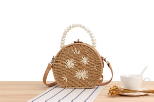 Détail du sac rond en paille tissée avec broderie florale et anse en perles