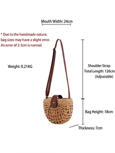 Casual straw woven semi-circle shoulder bag with brown leather strap for beach vacations